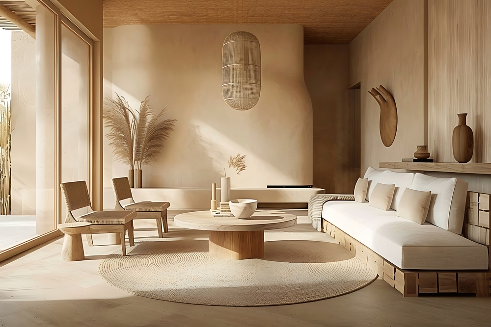 Salón moderno decorado con un enfoque Wabi-Sabi, utilizando colores neutros y elementos naturales, reflejando las tendencias de diseño para 2024.