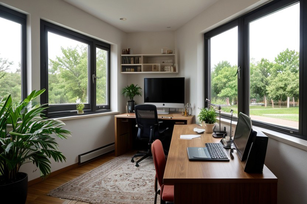 Espacio de trabajo en casa bien iluminado, equipado con un escritorio de madera y un ordenador portátil, acompañado de plantas verdes y una silla ergonómica, creando un ambiente acogedor y productivo.