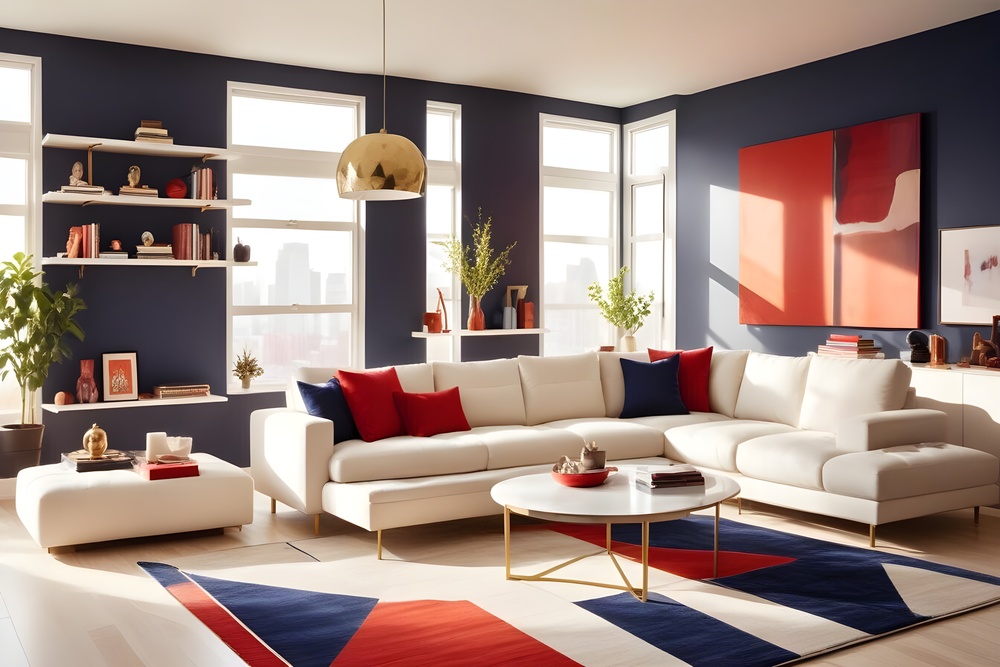 Un salón contemporáneo en tonos azules, que cuenta con un sofá blanco en forma de L, cojines decorativos y estanterías, ofreciendo un espacio acogedor y vibrante para la convivencia.