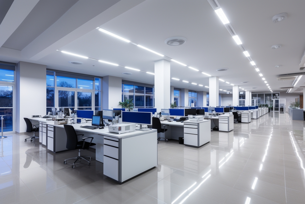 Oficina moderna y luminosa con múltiples estaciones de trabajo, diseñada para maximizar la luz natural y la comodidad de los empleados.