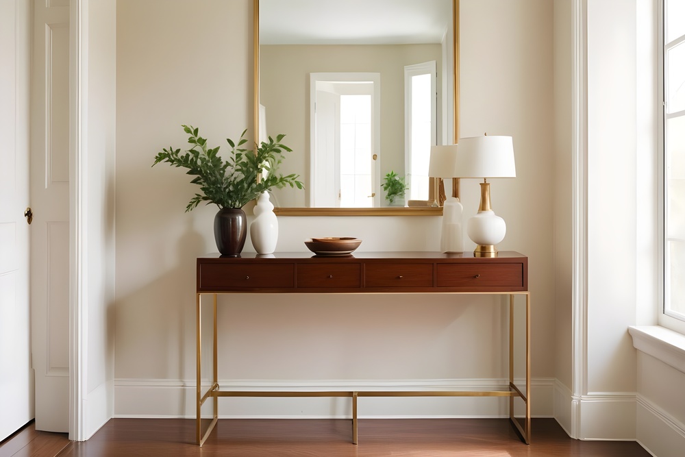 Recibidor elegante con una consola de madera, un espejo dorado y un jarrón decorativo. La luz natural resalta la calidez y el estilo acogedor del espacio.