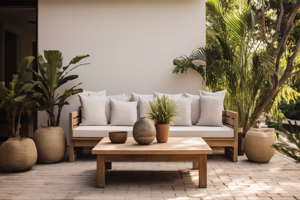 Una acogedora terraza presenta un sofá de madera con cojines blancos, rodeado de plantas en macetas. La mesa de madera complementa el ambiente, creando un espacio ideal para relajarse y disfrutar del aire libre.