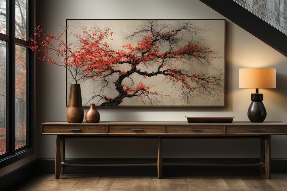 Un elegante espacio de sala presenta un óleo impreso que ilustra un árbol en tonos rojos, decorado con jarrones y una lámpara sobre una mesa de madera, creando una atmósfera acogedora y artística.