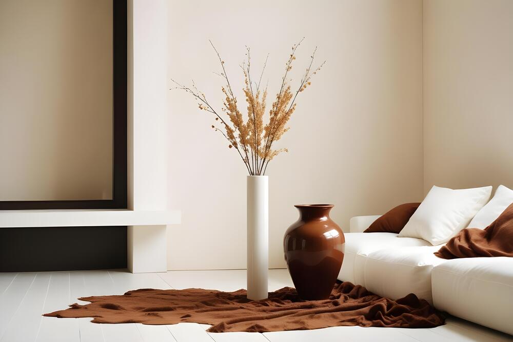 Vista de un salón con decoración minimalista y tonos cálidos, que destaca un jarrón con ramas secas y un sofá blanco, ideal para recibir el otoño con estilo y confort.