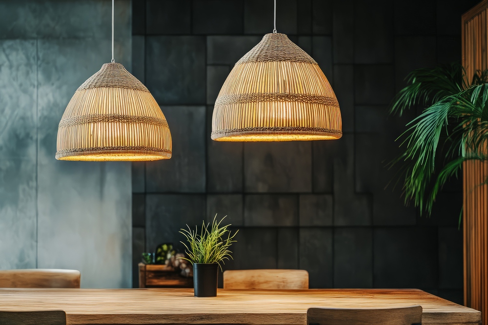 Un comedor elegante con lámparas de ratán que emiten una luz cálida, creando un ambiente acogedor. La combinación de la madera de la mesa y el diseño natural de las lámparas resalta las tendencias de iluminación para el otoño 2024.