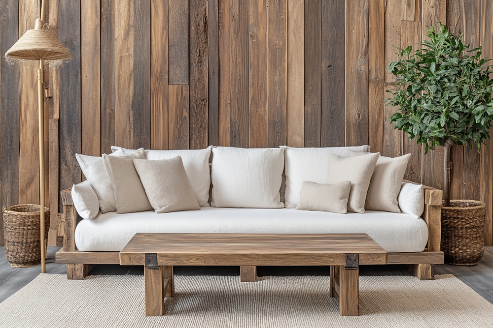 Un elegante sofá de lino blanco con cojines claros se destaca en un ambiente cálido y natural. La imagen ilustra las tendencias en sofás para 2024, enfatizando el uso de materiales naturales y diseños acogedores que reflejan un estilo de vida cómodo y sostenible.