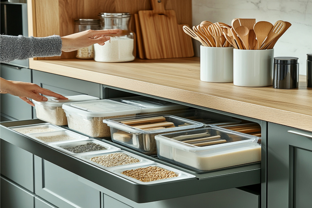 Moderno sistema de almacenamiento en una cocina contemporánea, con cajones que exhiben recipientes organizados para alimentos y utensilios, optimizando el espacio y el estilo minimalista.