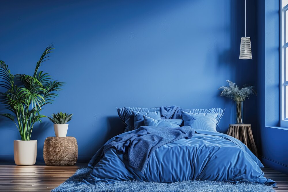 Este dormitorio destaca por su tranquila paleta de azules en las paredes y la ropa de cama, complementada con plantas verdes y una iluminación suave, ideal para promover la relajación y mejorar el sueño.