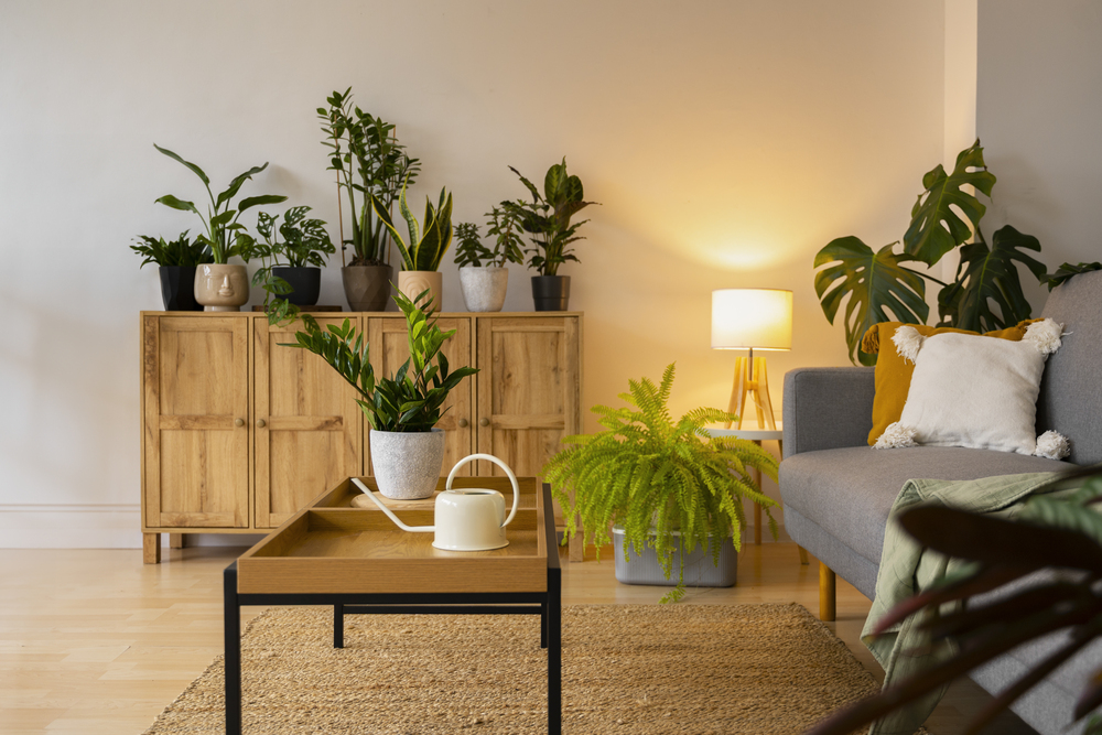 Sala de estar moderna con muebles en tonos grises y un mueble de madera clara. El ambiente está enriquecido con diversas plantas en macetas y una lámpara de pie que proporciona luz ambiental, promoviendo un espacio acogedor y natural.