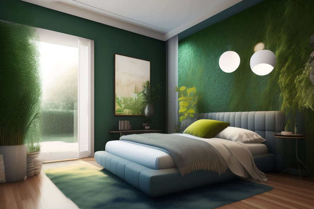 Este dormitorio utiliza un vibrante color verde en las paredes y detalles decorativos para evocar la calma y la conexión con la naturaleza, apoyado por la luz natural y elementos vegetales, ideal para un descanso reparador.