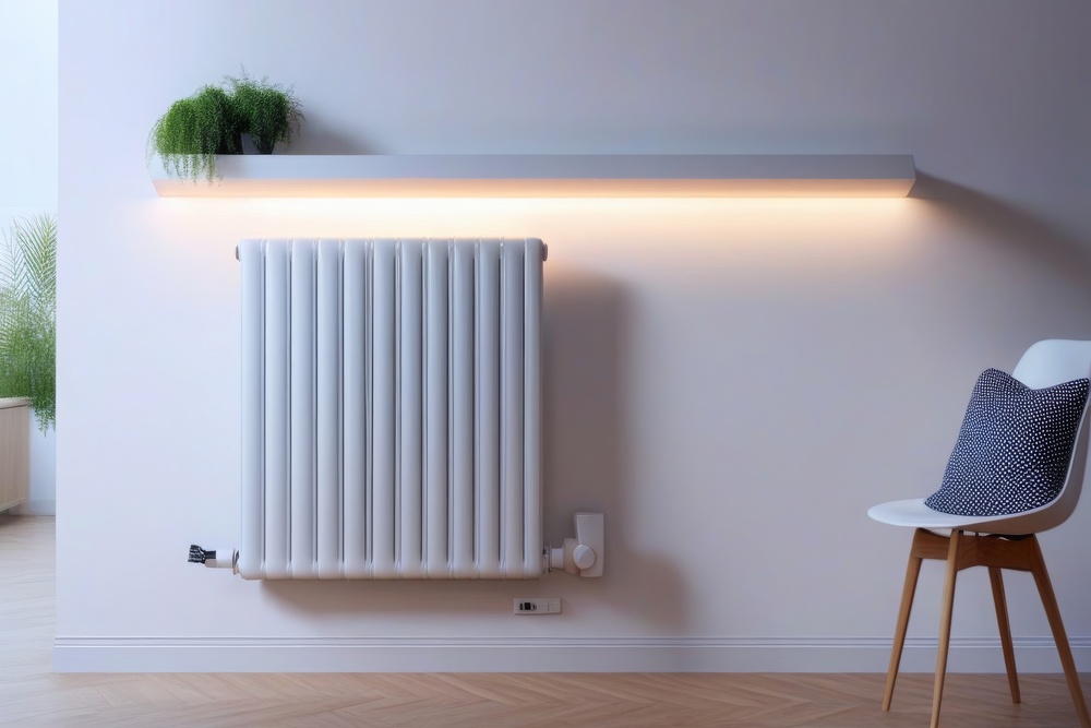 Un radiador blanco está cubierto por un elegante cubreradiador que incluye una planta decorativa en su parte superior. La luz natural inunda el ambiente a través de la ventana, creando un espacio acogedor y moderno.