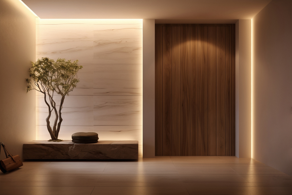 Este recibidor sin luz natural presenta una decoración moderna y minimalista con iluminación ambiental, resaltando un árbol artificial sobre una base de piedra y una puerta de madera al fondo.