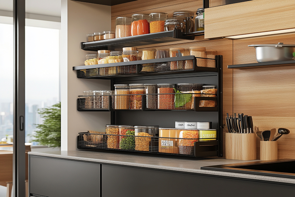 Estantes de almacenamiento en una cocina contemporánea, organizando frascos y recipientes, optimizando el espacio y manteniendo un estilo minimalista y funcional.