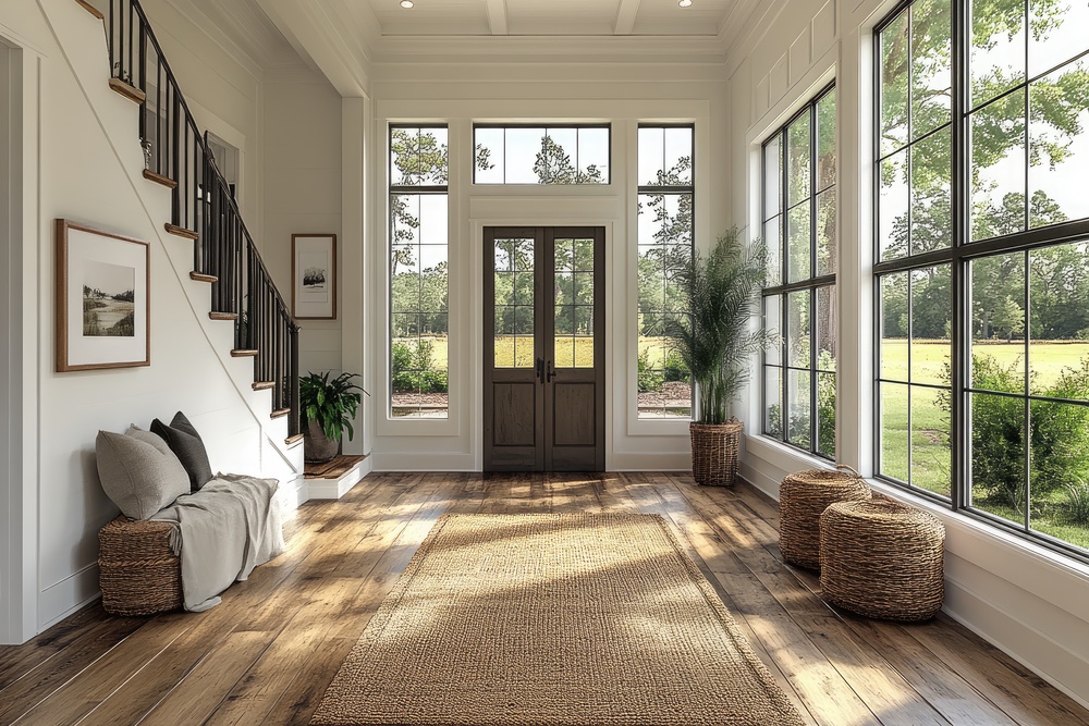 Este recibidor presenta un diseño elegante y funcional, con una consola de madera, plantas decorativas y un camino de yute. Grandes ventanas permiten la entrada de luz natural, creando un ambiente acogedor y atractivo. Es un espacio ideal que combina estética y practicidad, dando una cálida bienvenida a los visitantes.