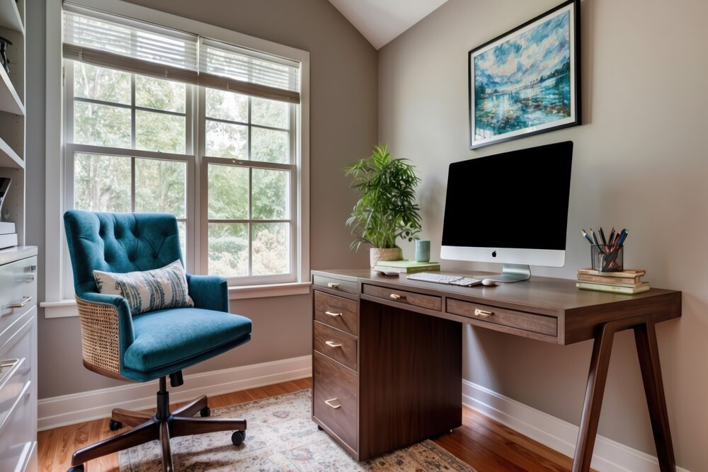 Moderna oficina en casa con un escritorio de madera y un ordenador iMac, complementada por una silla ergonómica y luz natural abundante, creando un ambiente productivo y acogedor.