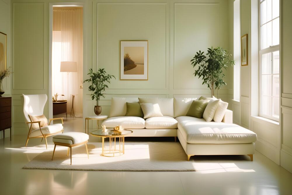 Salón elegante y acogedor con decoración en tonos verdes suaves y muebles minimalistas, reflejando las tendencias de diseño para 2024.