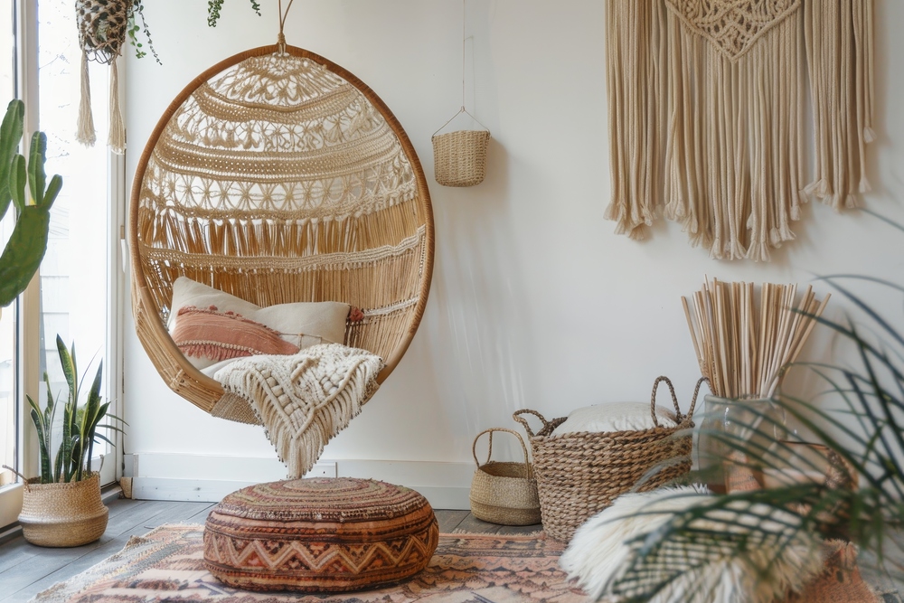 Vista de un rincón decorativo que destaca una silla colgante de macramé, complementos naturales y una paleta de colores cálidos, ideal para las tendencias de decoración de otoño de 2024.