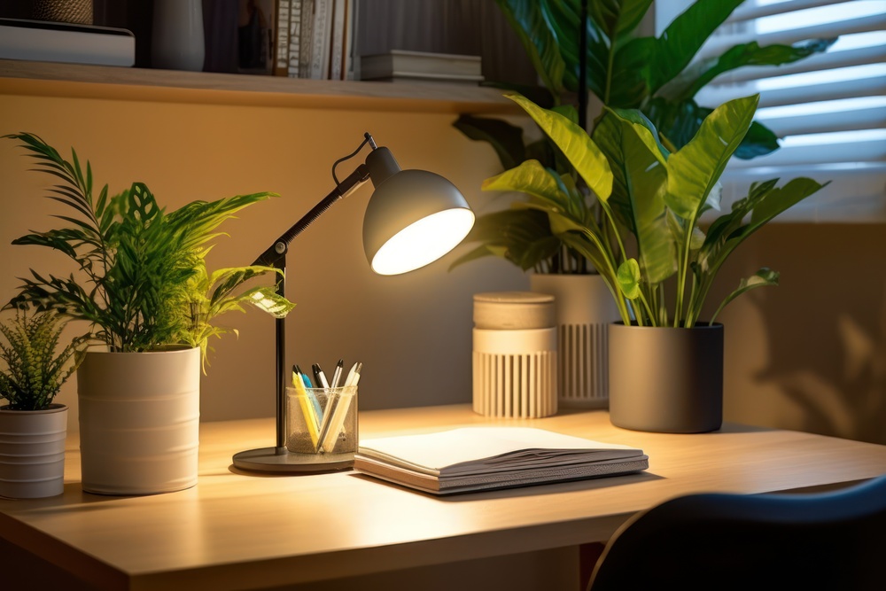 Un escritorio bien iluminado con una lámpara de escritorio, acompañado de varias plantas que añaden un toque de frescura al espacio. El ambiente se complementa con un cuaderno y utensilios de escritura, ideal para fomentar la concentración y la creatividad.