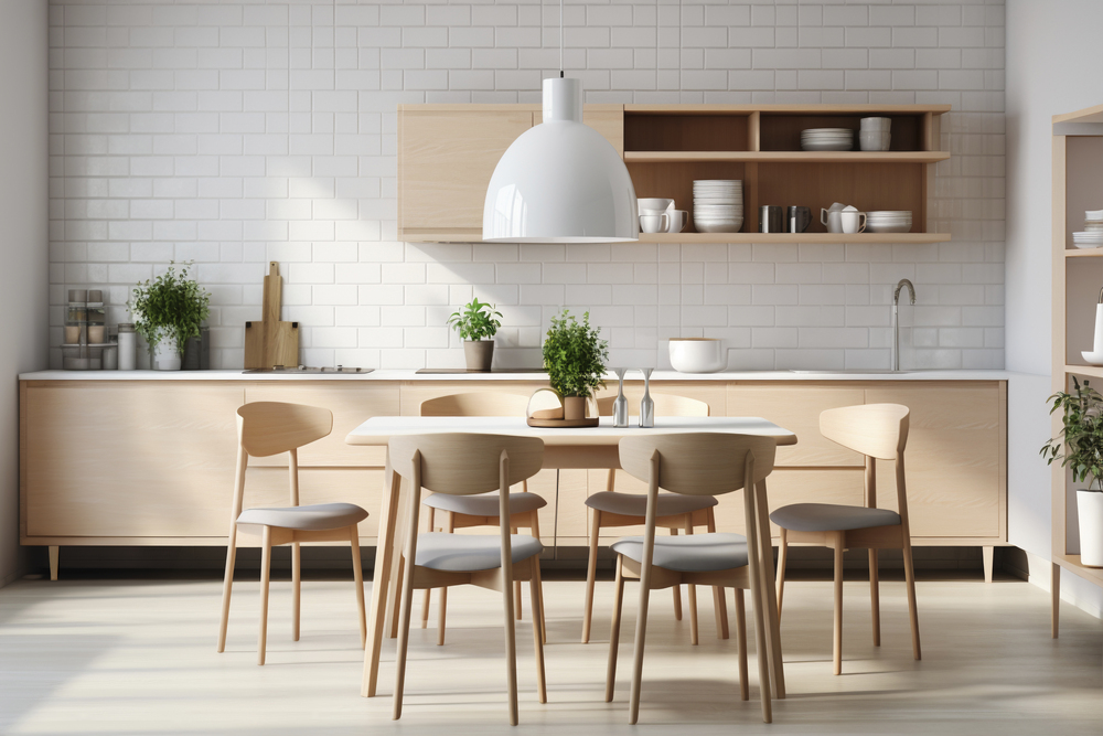 Este espacio de comedor encapsula el estilo nórdico a través de su uso de madera natural, colores neutros y diseño limpio y funcional, con detalles naturales y una iluminación suave que aporta calidez y modernidad al ambiente.